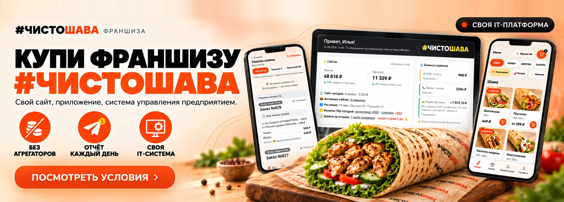 Купи франшизу #ЧистоШава — свой сайт, приложение и система управления предприятием, без агрегаторов